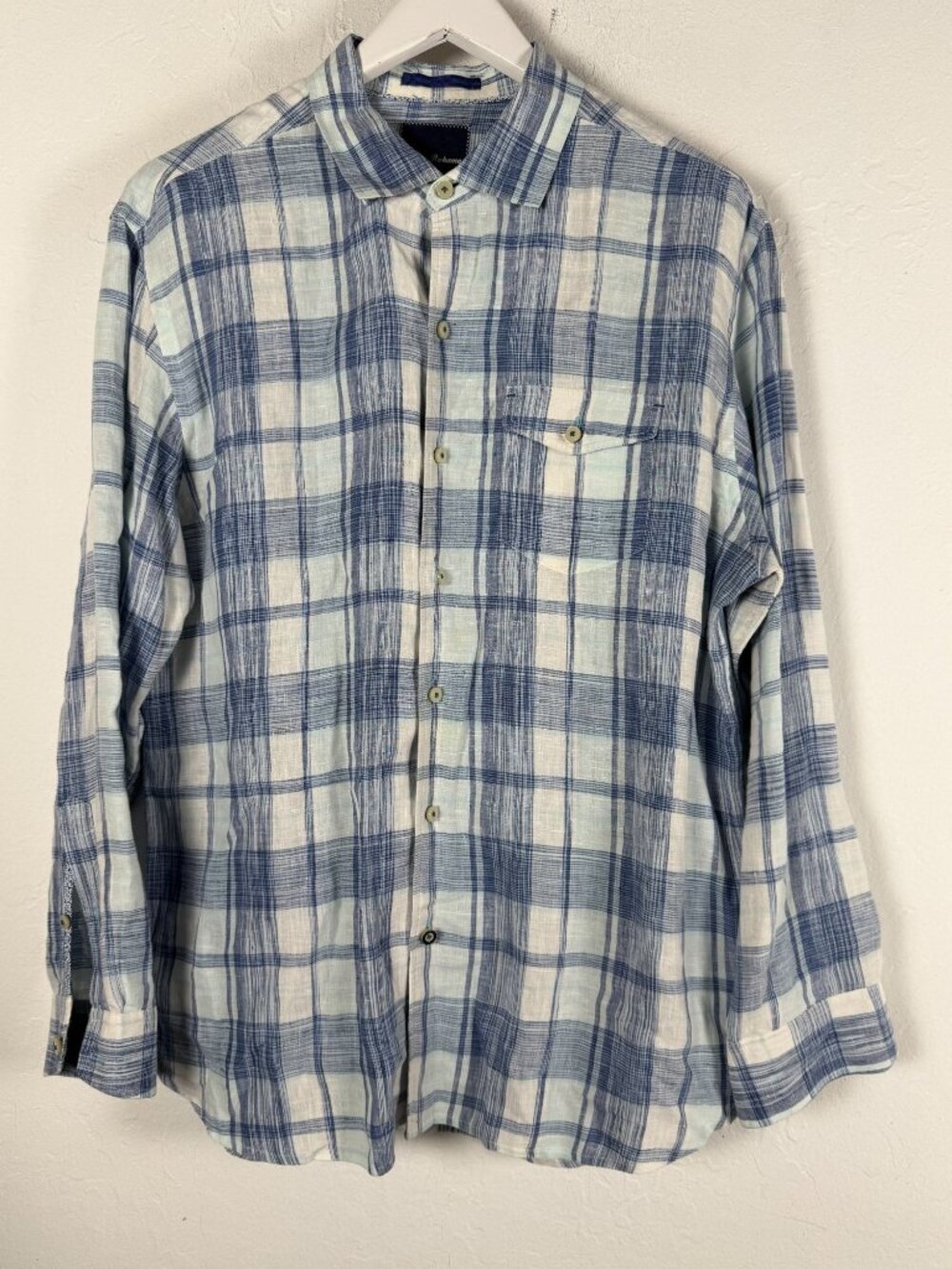 Tommy Bahama Men’s Blue White Plaid 100% Linen Long Sleeve Button-Up Shirt Large
